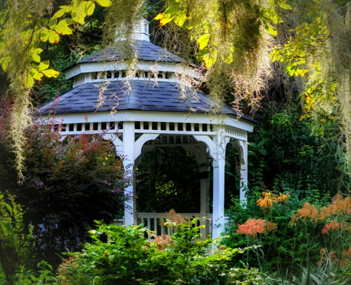 Elegant outdoor gazebo furniture ideas featuring HDPE dining set under a cedar gazebo