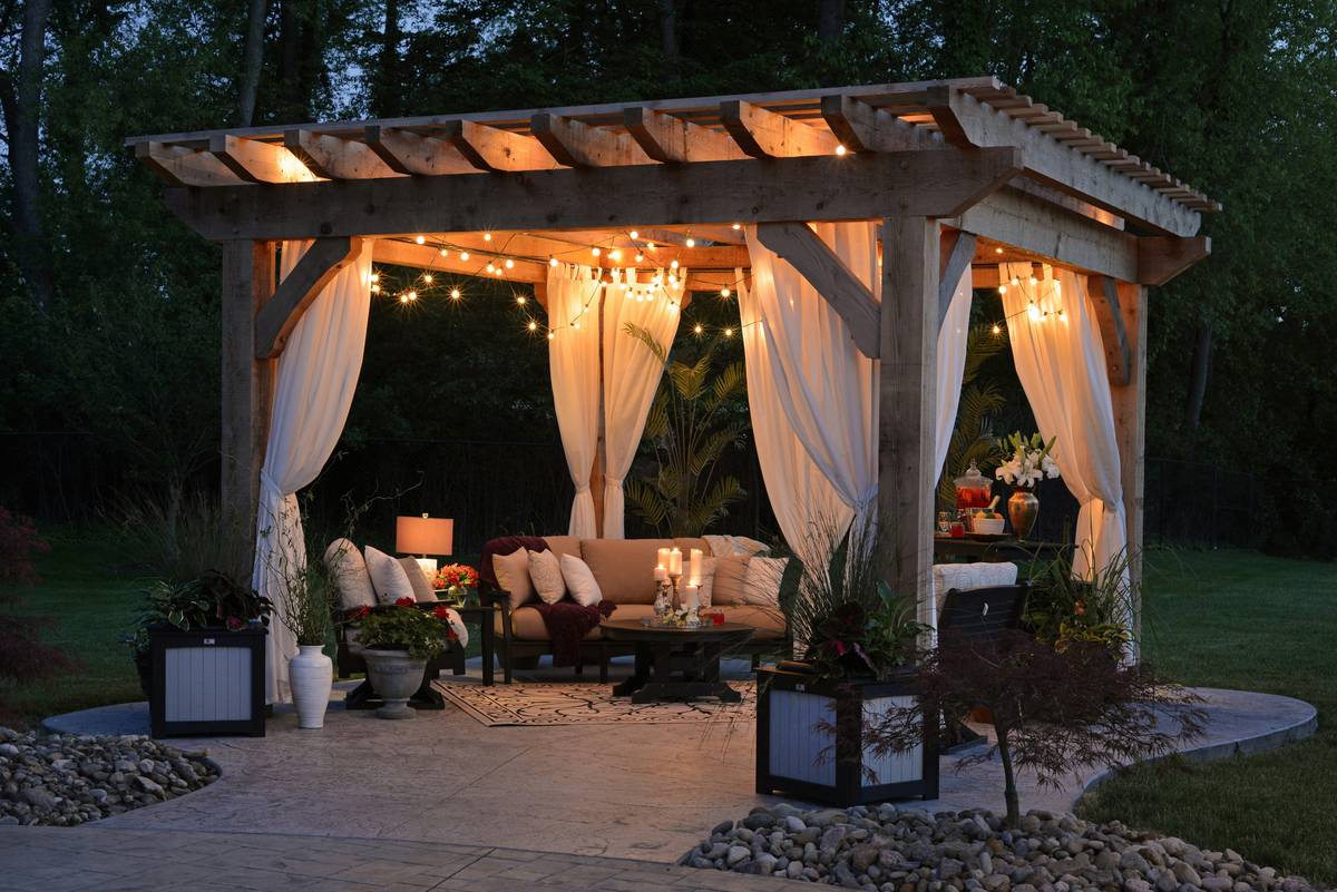 Close-up of floating joint design in wooden gazebo ideas for garden seating